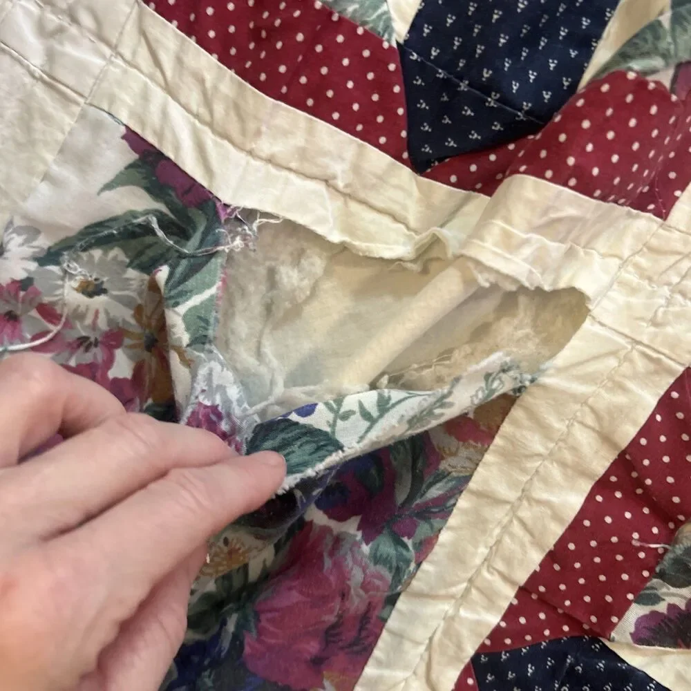 Vtg Twin Handmade Quilt Burgundy And Blue Floral 80x64 Twin Cottage Country